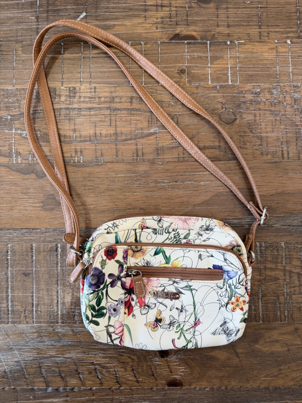 Floral Print Crossbody with Tan Strap Spring Summer Whimsical Cottagecore